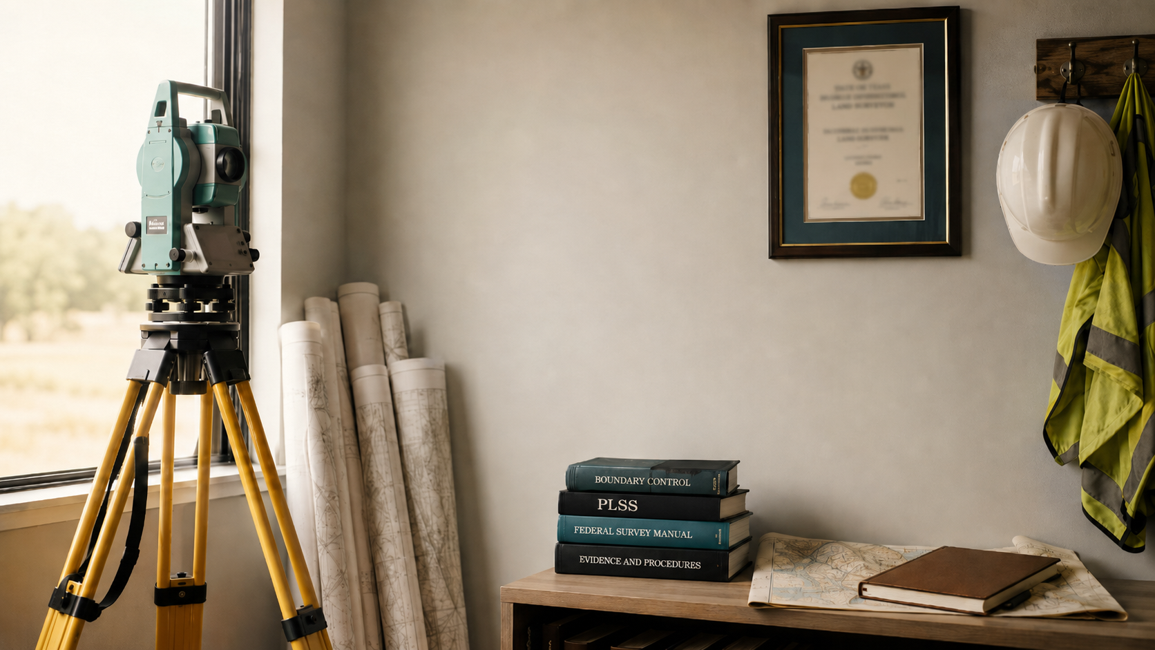 A total station on a tripod by the window of a survey office, beside a framed Professional Land Surveyor certificate, a hard hat, and reference books.