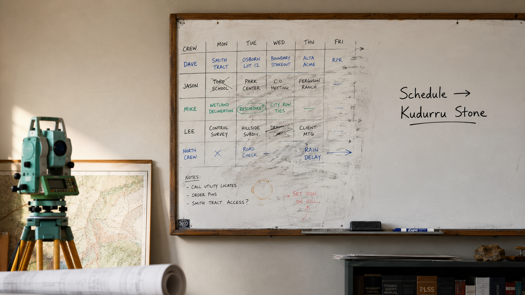 A survey crew schedule written on a field office whiteboard, headed Schedule, Kudurru Stone.