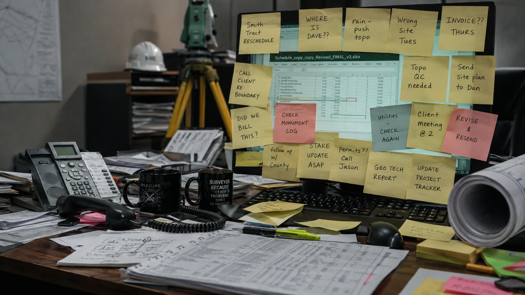 A surveyor's monitor buried under sticky-note reminders over a spreadsheet named Schedule copy copy Revised FINAL v3.